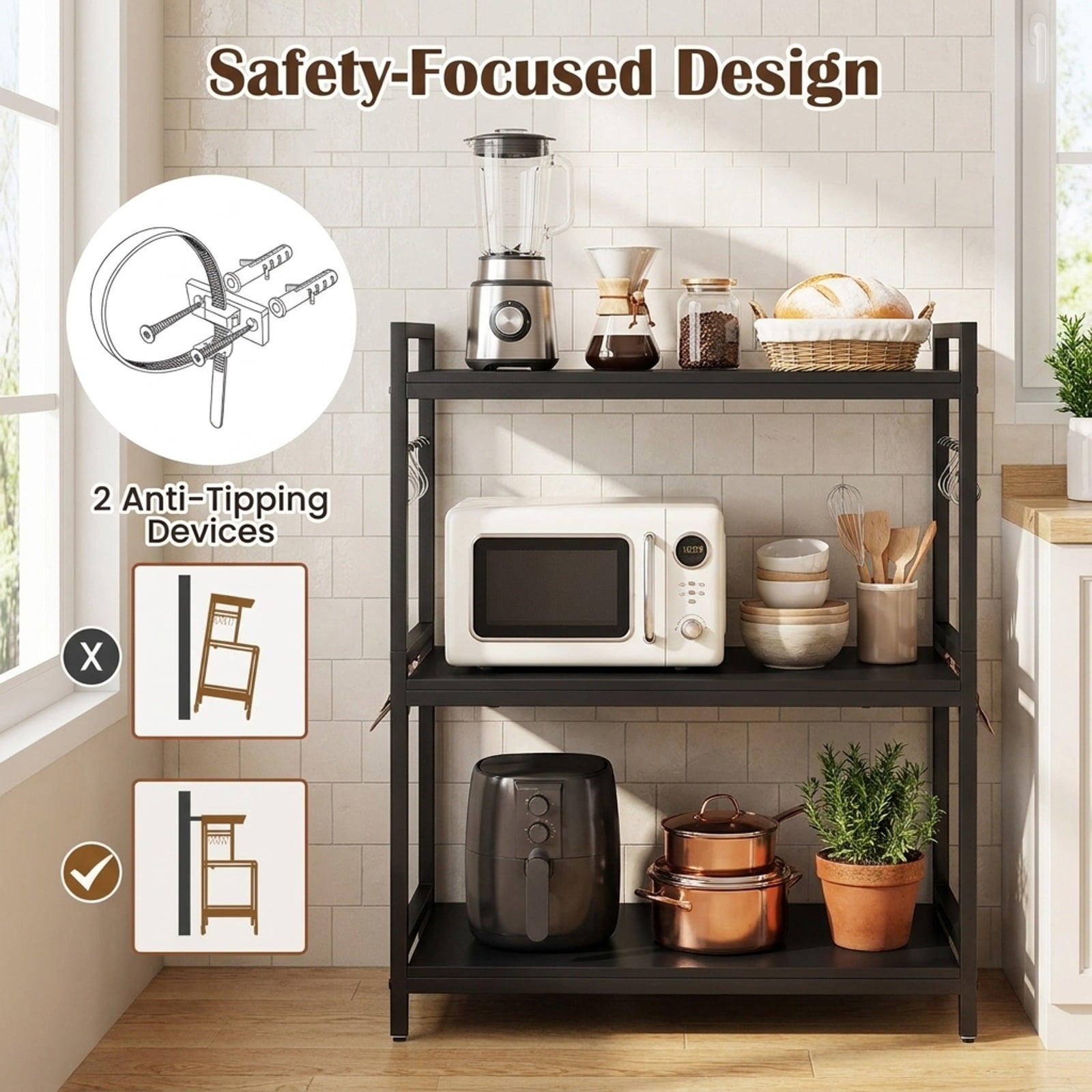Furnibear Black 3-Tier Rolling Microwave Cart with Power Outlet Lockable Wheels and 10 Hooks