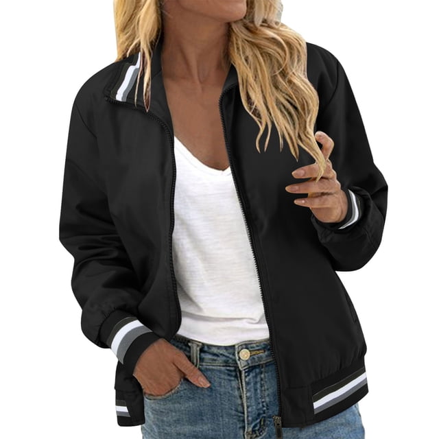 MIASHUI Veste Bomber Femme Légère Veste Zippée Manteau Bomber Décontracté, Noir, TG
