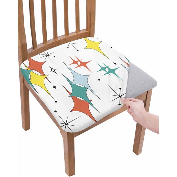 Middle Century Chair Seat Covers for Dining Room Stretch Chair Seat Covers Set of 2, Boho Abstract Art Teal Orange Rhomboid Chair Seat Protector Cushion Slipcovers for Kitchen Restaurant Office
