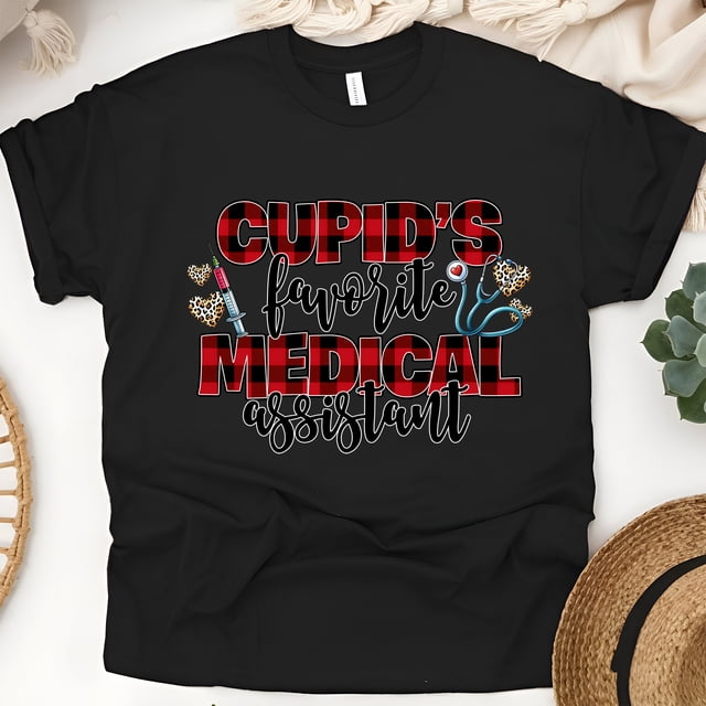 Cupid’s Favorite Medical Assistant Shirt | Plaid Heart MA Tee, Black, Size M