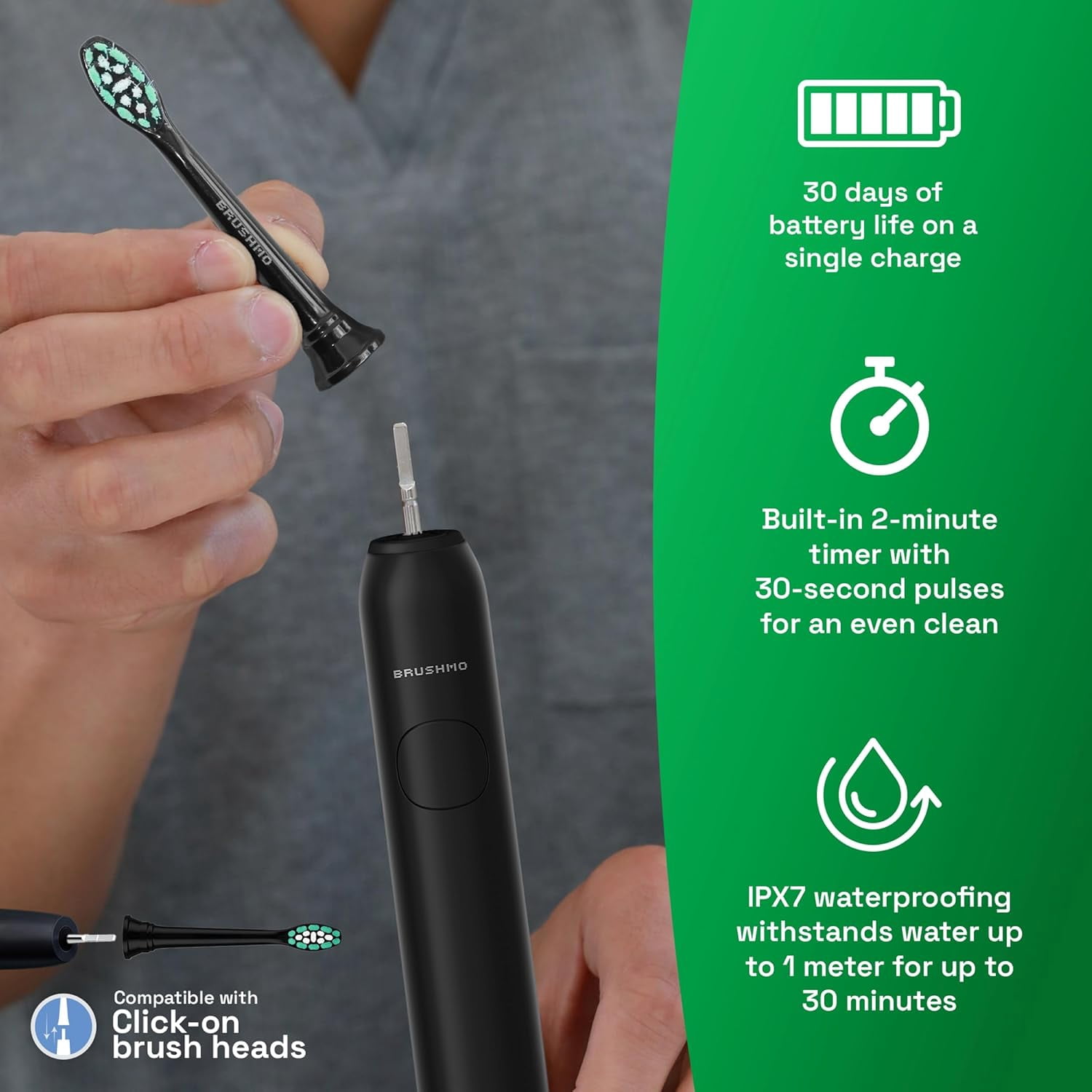 Brushmo Super Sonic Rechargeable Toothbrush, 5 Brushing Modes, Includes 4 Brush Heads, 2-min Timer, 30-Day Battery, Charging Base, Midnight Black