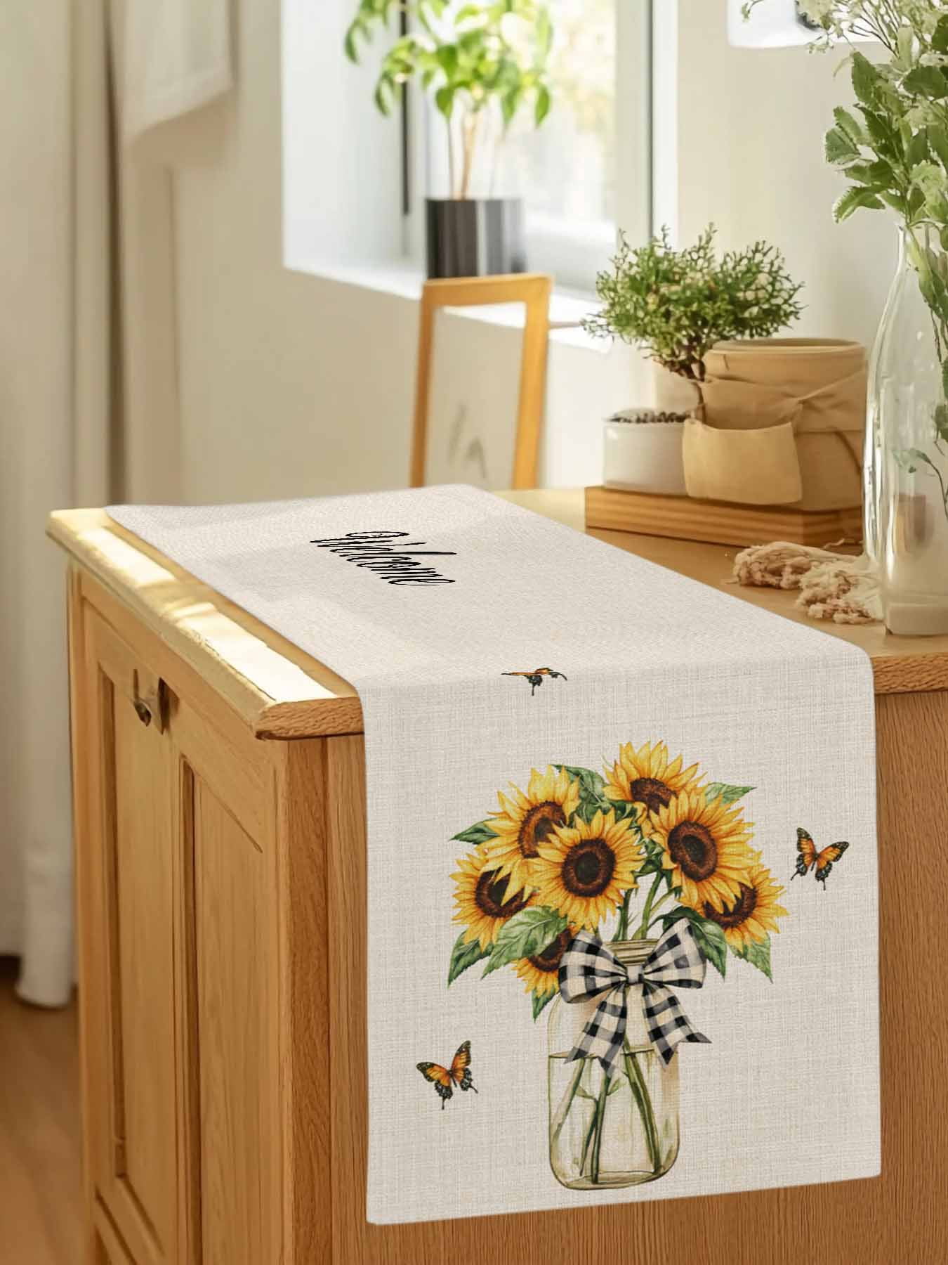 Vintage Sunflower Butterfly on Linen Table Runner 90 Inches Long, Welcome Seasonal Floral Bow Table Runners Tabletop Scarf Kitchen Dining Tables Decoration for Home Party Indoor Outdoor