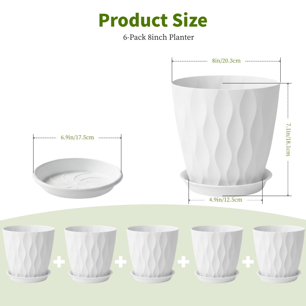 6 Pack 8 Inch Plant Pots , Plastic Flower Pots for Indoor & Outdoor Plants, Planters with Drainage Holes and Saucer (White)