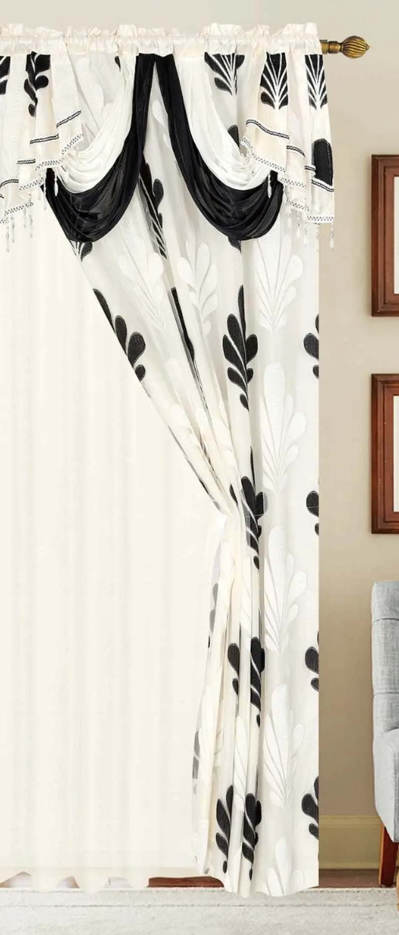 2 Pieces Sophia Two Tone Beige Black Embroidered Flower Curtains, 54" wide x 84" long each panel