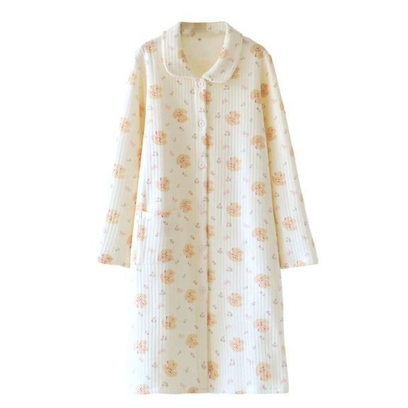 Puntoco Women's Print Quilted Button Bathrobe, Long Sleeve Soft Lapel Sleep Robe with Pocket for Fall Winter Pink XL