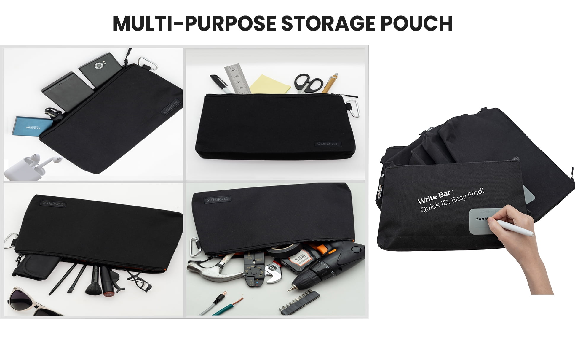 Coreflex 6 Pack Premium Tool Pouch Zipper Bag, Small Tool Bag, Multipurpose Storage pouch, 12 X 7 X 2 inches, All Black
