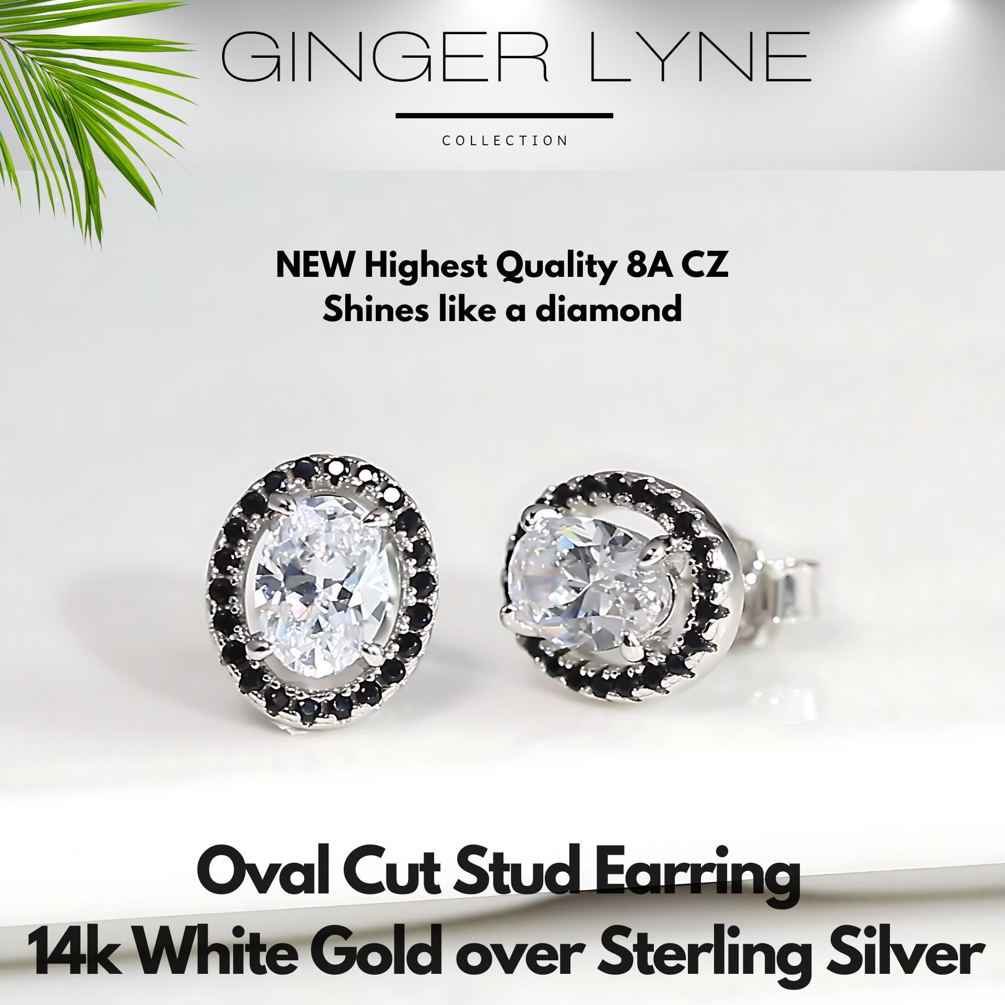 Black Halo Oval Cut Stud Earrings for Women Simulated Diamond Sterling Silver Ginger Lyne