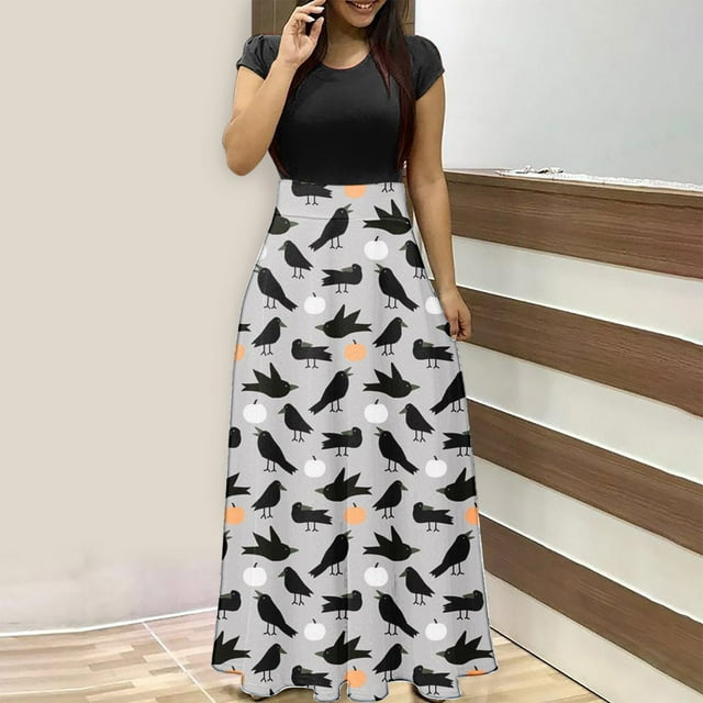 TIMIFIS Robes Maxi d'Halloween pour Femmes Manches Courtes Cosplay Fête Robe Évasée Vintage Horreur Citrouille Imprimée Bal Automne/hiver