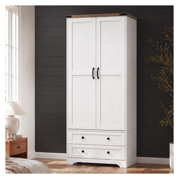71 Inch White Wooden Armoire Wardrobe Closet with 2 Doors & 2 Drawers, Modern Storage Cabinet for Bedroom and Hallway, Metal Rod