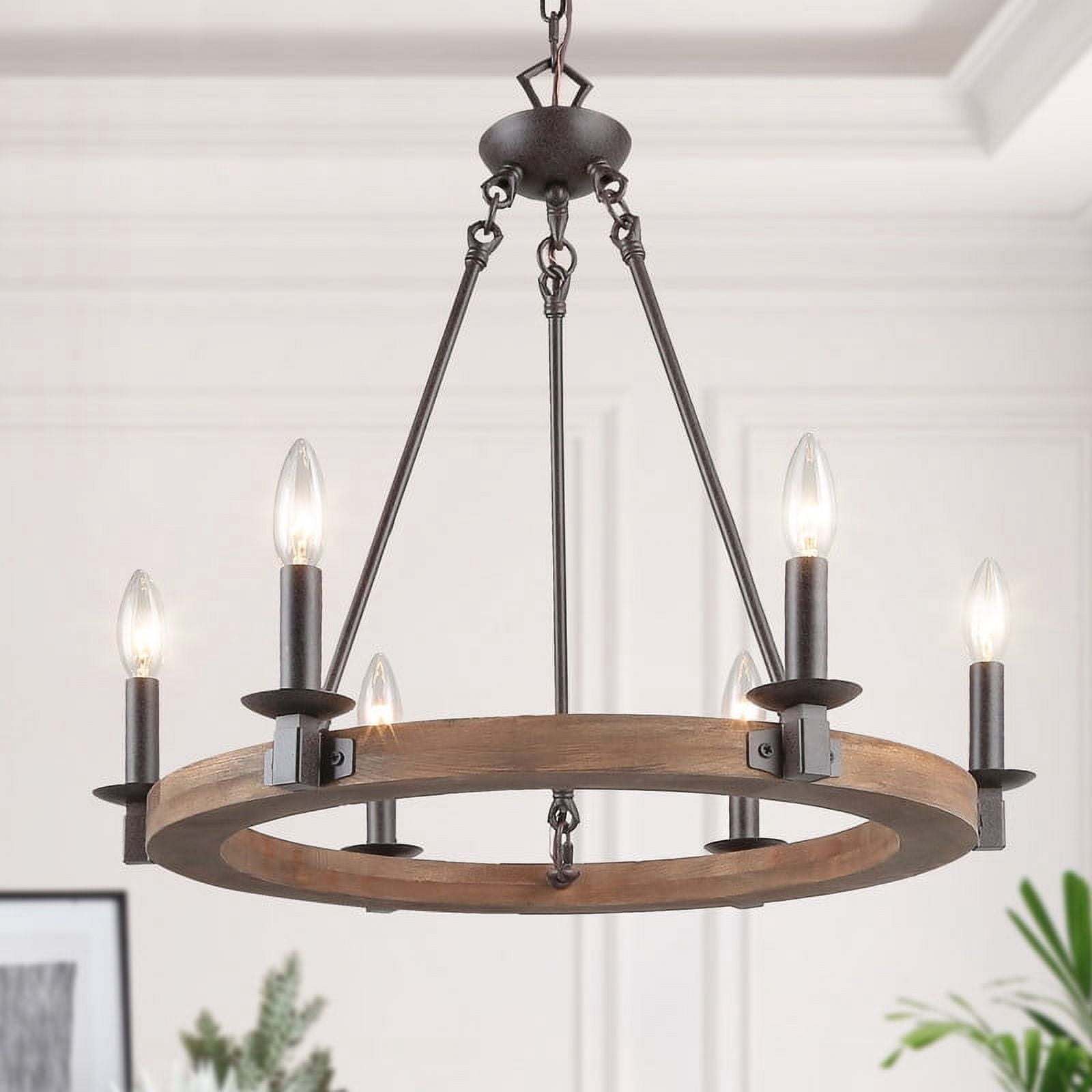 LNC 6-Light Wagon Wheel Chandelier with Wood Frame and Bronze Accents