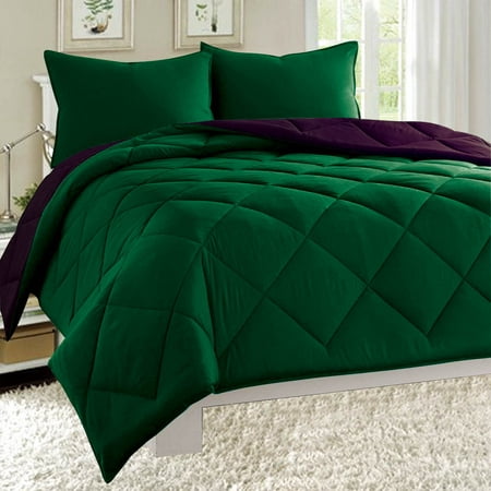 Dayton Queen Size 3-Piece Reversible Comforter Set Soft Brushed Microfiber Quilted Bed Cover Hunter Green & Plum