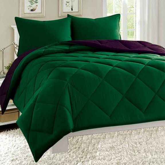 Empire Home Fashion Dayton Queen Size 3-Piece Reversible Comforter Set Soft Brushed Microfiber Quilted Bed Cover Hunter Green & Plum Purple, Polyester
