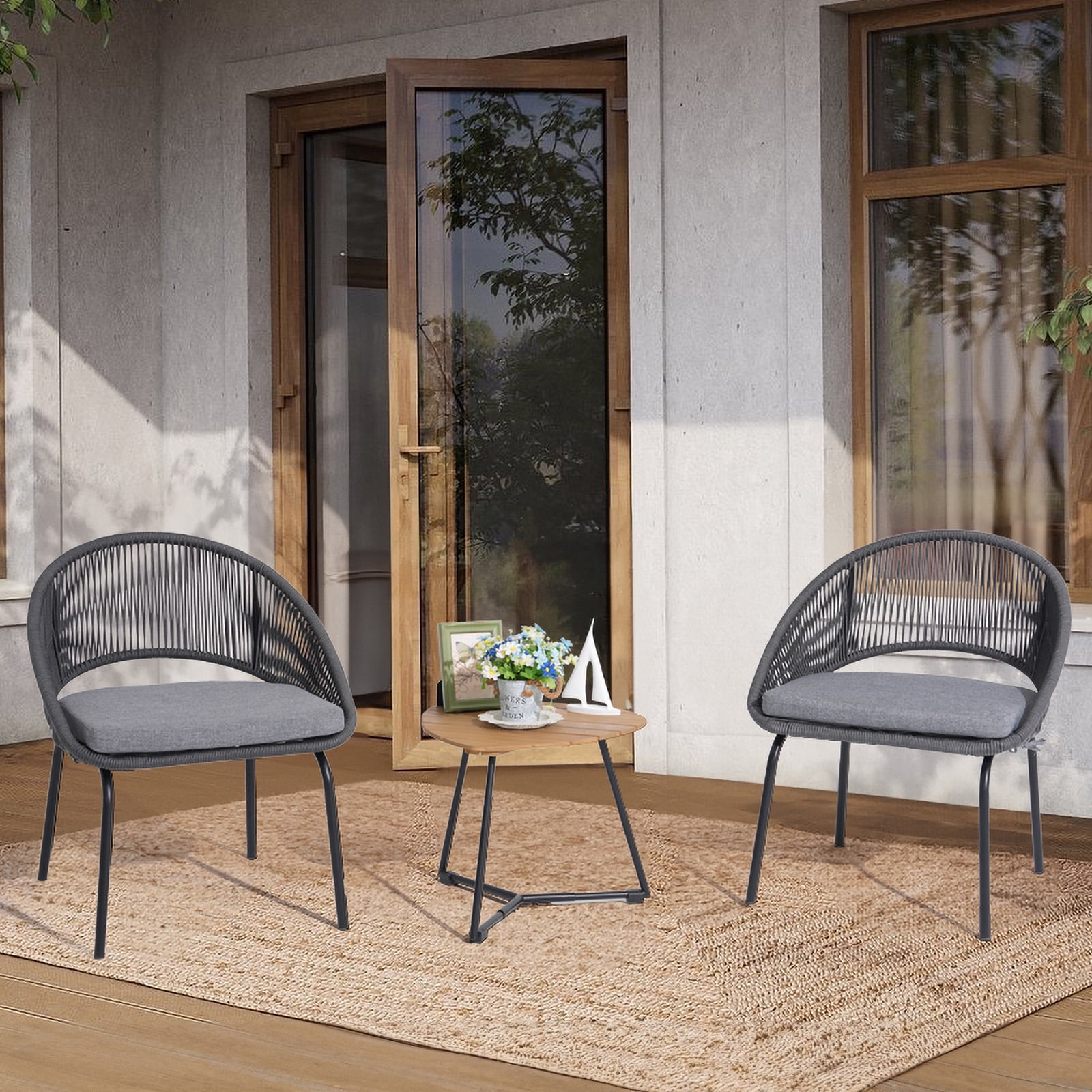 3 Piece Patio Set, Outdoor Wicker Bistro Set 2 Rattan Chair Conversation Sets with Coffee Table and Cushions, Brown
