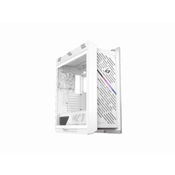 The ASUS ROG Strix Helios II White Edition is an EATX mid-tower gaming PC case featuring dual tempered glass panels and an aluminum diamond-grille design, four pre-installed fans for advanced