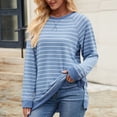 thumbnail image 5 of Lenpel Women's Long Sleeve T Shirts Trendy Fall Crew Neck Side Split Stripped Casual Tops Oversized Tee Shirts, 5 of 7