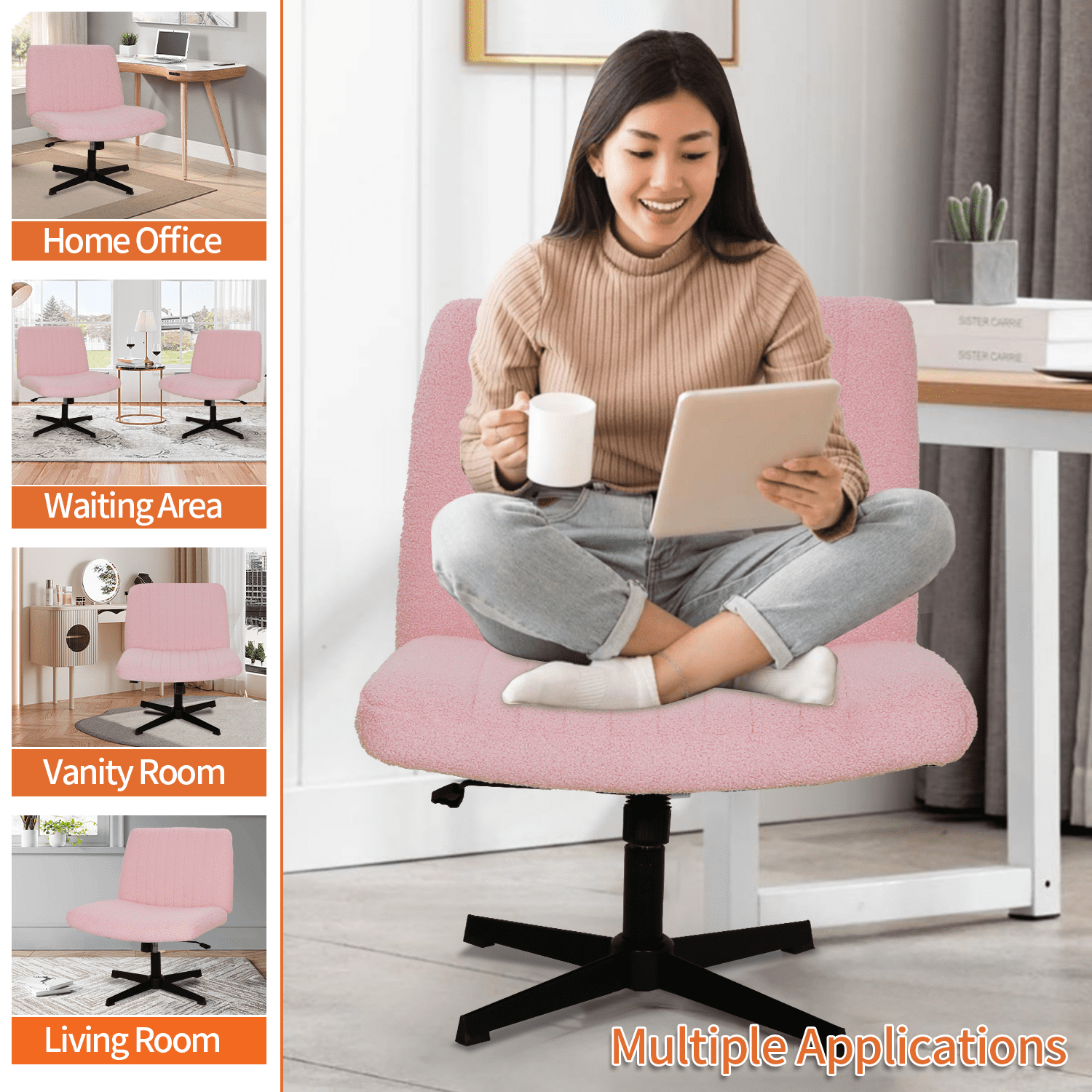 BIQWBIC Crisscross Chair Armless Vanity Chair Adjustable Home Office Desk Chair with No Wheels, Brown