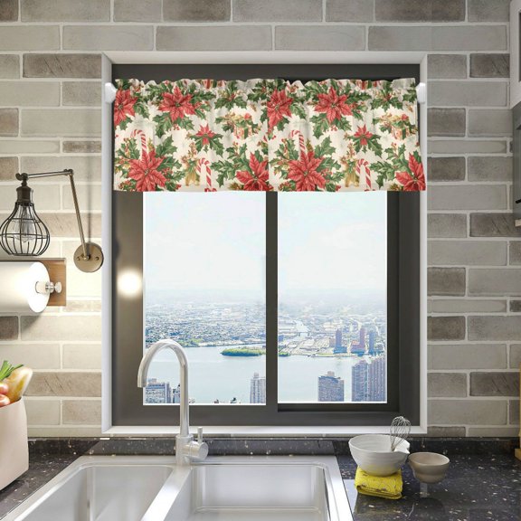 Yayeee Kitchen Valance Rod Pocket 54" x 18" Living Room Window Curtain, Retro Christmas Holly
