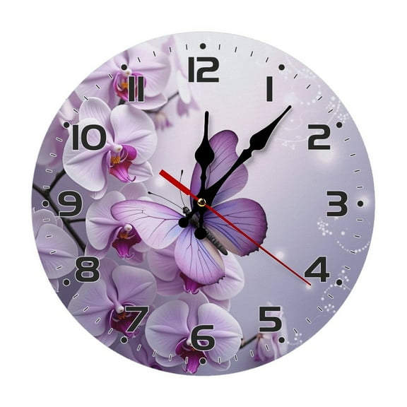 Purple Butterfly Flower Wall Clock 10 Inch Silent Non Ticking Round Wooden Clock Decoration for Living Room Kitchen Bedroom Bathroom Office Classroom