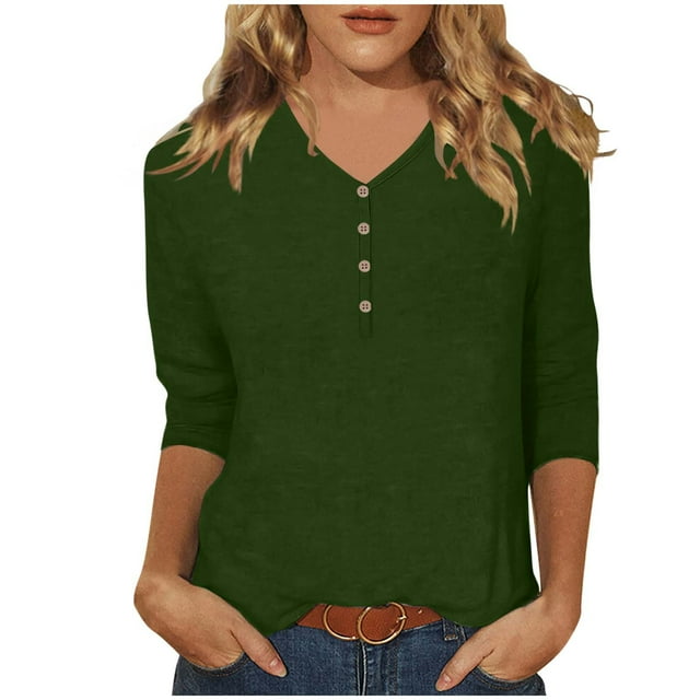 HAiming Womens Tops 3/4 Sleeve V Neck Button Pullover T-Shirts Casual Solid Color Basic Tees Winter Blouse Trendy Outfits