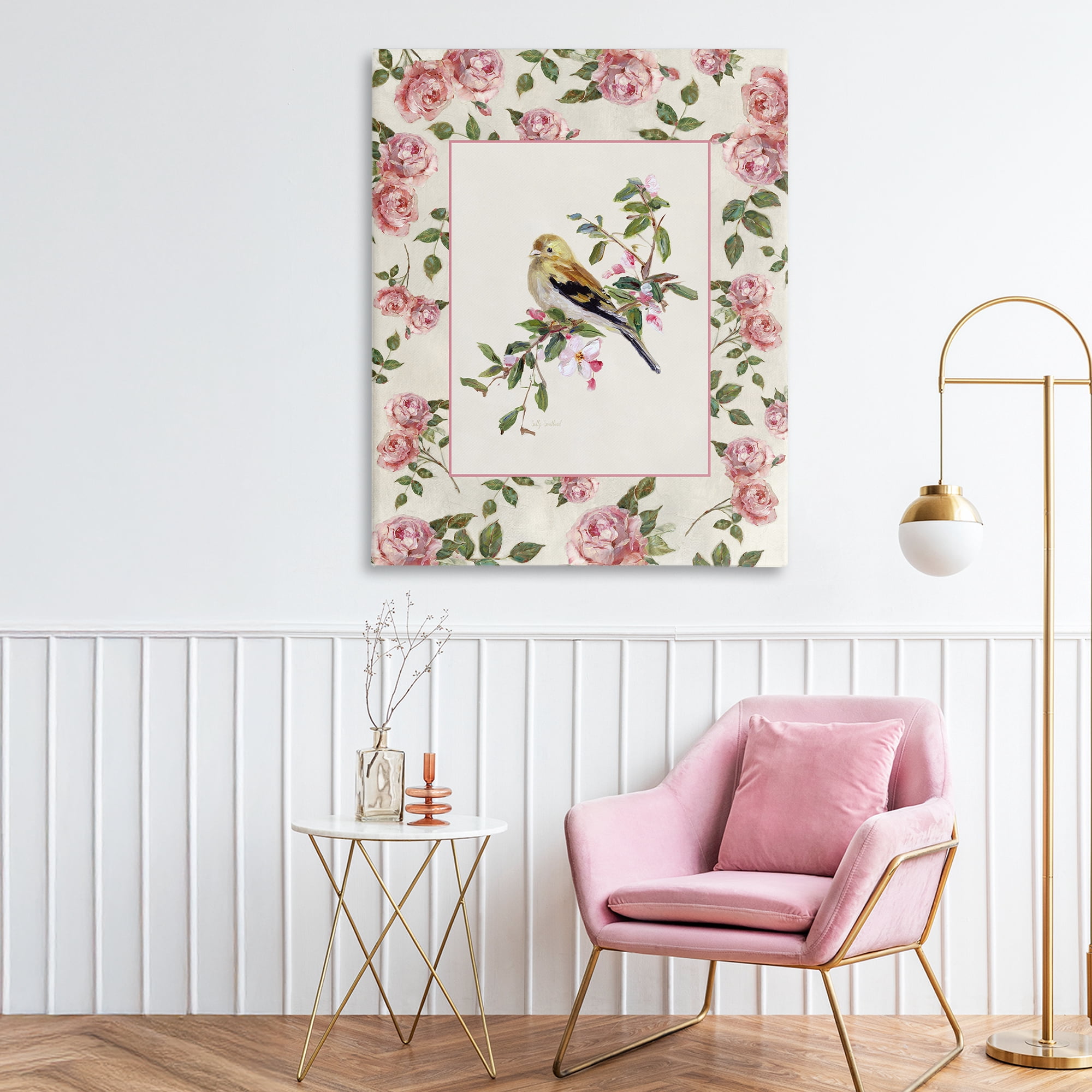 Stupell Industries Perched Bird with Dainty Roses Canvas Wall Art, design by Sally Swatland