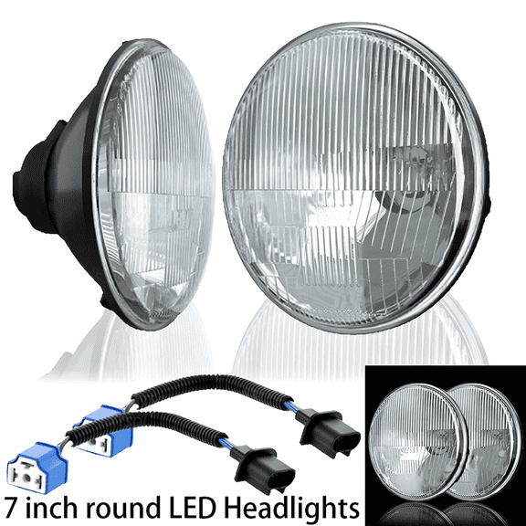 7 Inch LED GLASS Headlight Round, ORIGINAL CLASSIC LOOK conversion Chrome pair