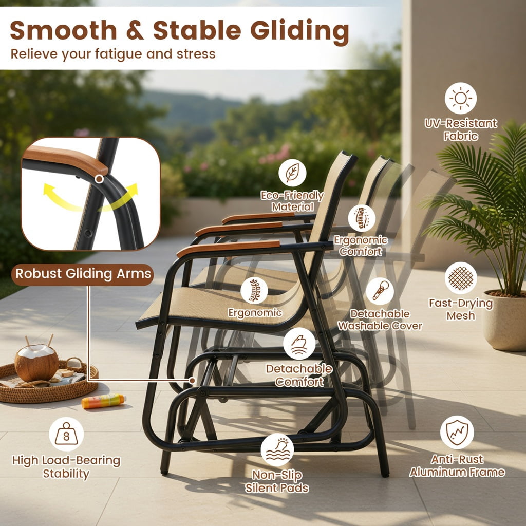 Hommoo 2-Piece Outdoor Glider Chair Set with Teak Wood Armrests, Breathable Fabric Seats & Sturdy Metal Frame for Patio, Porch, or Poolside, Brown