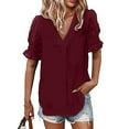 thumbnail image 2 of Franhais Women Fashion Wild Chiffon Shirts Solid Color Swiss Dot Short Sleeve V-Neck Blouses Summer Casual Loose Tops, 2 of 6
