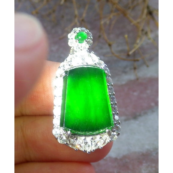 Icy Green Silver 925 Certified Burma 100% Natural A JADE Jadeite pendant Rectangle Necklace 668192 TN
