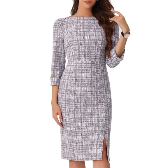 DARING DIVA Women's Tweed Fall Elegant Boat Neck 3/4 Sleeve Dress XS White Purple