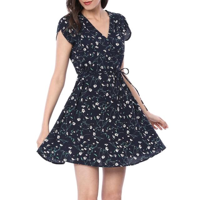 INSPIRE CHIC Robe Ceinturée à Fleurs pour Femme, Col en V Croisé, Manches Pétales