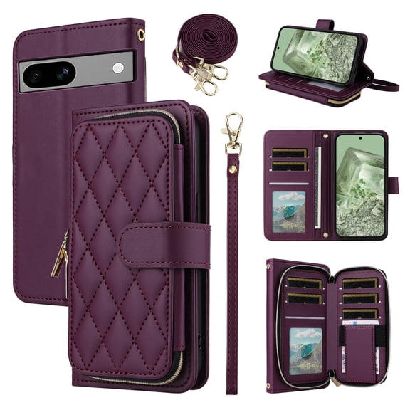 Furiet Argyle Wallet Case for Google Pixel 8A 5G with Wrist/Shoulder Strap Card Slot Zipper Purse Luxury PU Leather Card Honder Stand Checkered Cell Phone Cover for Pixel8A A8 Women Girls Deep Purple