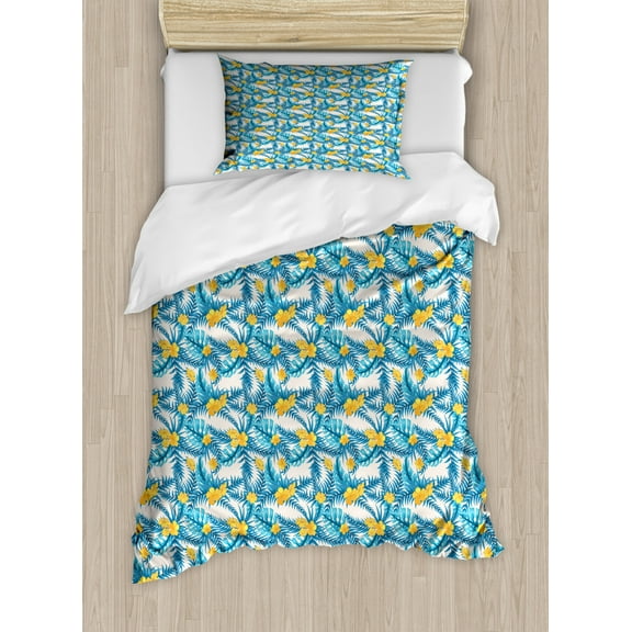 Tropical Duvet Cover Set Twin Size, Exotic Leaves and Flowers Pattern Abstract Rainforest Elements Illustration, Decorative 2 Piece Bedding Set with 1 Pillow Sham, Blue Yellow Ivory, by Ambesonne
