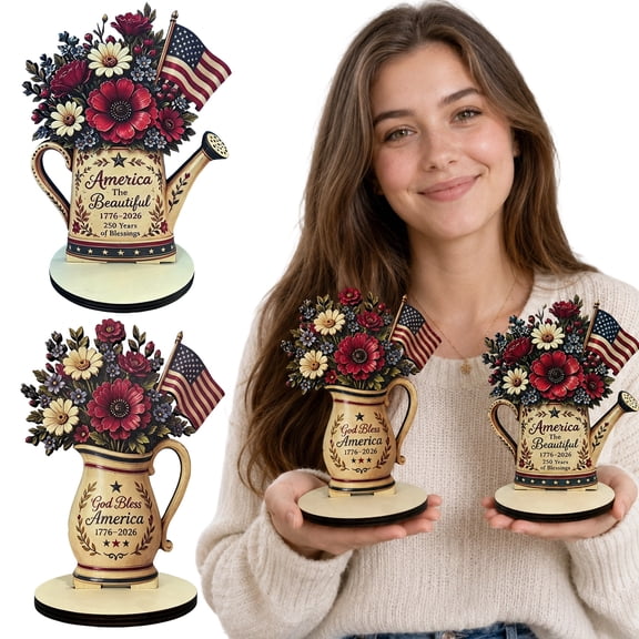 Holiday Wooden Tabletop Craft, Flowers for Decoration, Red White Blue Flowers, America 250 Decorations, 8X6X4.5 Inch 1Pc Watering Can Shaped Patriotic Floral Wooden Sign for Front