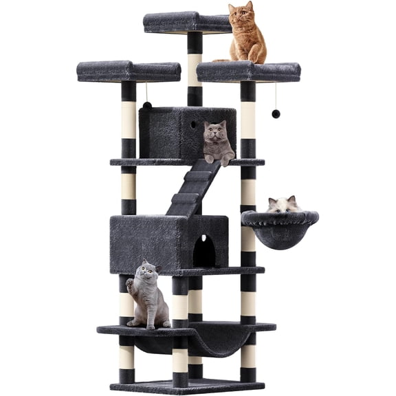75" Large Cat Tree, Big Cat Tower for Indoor Cats, Tall Cat Tree with 3 Cushioned Perches, Sisal Scratching Posts, Cozy Basket, 2 Cat Condos. Smoky Gray