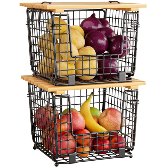 Stackable wire storage basket for kitchen counter, pantry organizer for vegetables fruits potatoes onions, durable carbon steel with breathable mesh, black