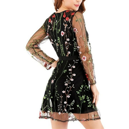 Winter Dresses for Women 2022 Women S Fashion Floral Embroidered Party Dress Lace Mesh Double Layer Mini Dress Winter Dress Polyester Black L | Walmart (US)