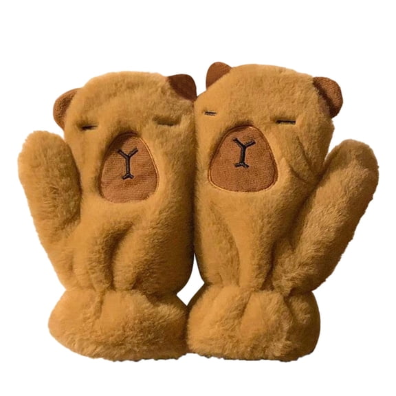 Bibifish Womens Gloves Cute Capybara Pattern Fuzzy Mittens Winter Warm Lined Full Cover Adjustable Wrist Fingerless Outdoor Activities Gloves