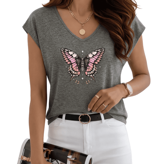 UNISHE Women's Minimal Vintage Pink Butterfly Dark Gray V-Neck Sleeveless T-Shirt S-5XL Gentle Stylish Tank Top