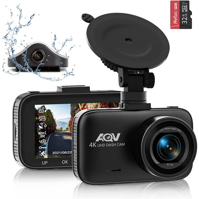AQV Dash Cam, Front 4K and Rear 1080P Car Camera, Built-in GPS, SNOY IMX335  Sensor,Parking Monitor, Super Night Vision, Capacitor, WDR ,G-Sensor,  Motion Detector ,Loop Recording ,Included 32GB Card 