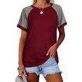 thumbnail image 3 of Femmes T-Shirt Couleur Bloc à Manches Courtes T-Shirt Manches Top Femmes Rondes T-Shirt Causal Col Chemisier Causal, Rouge Vin, XL, 3 of 6