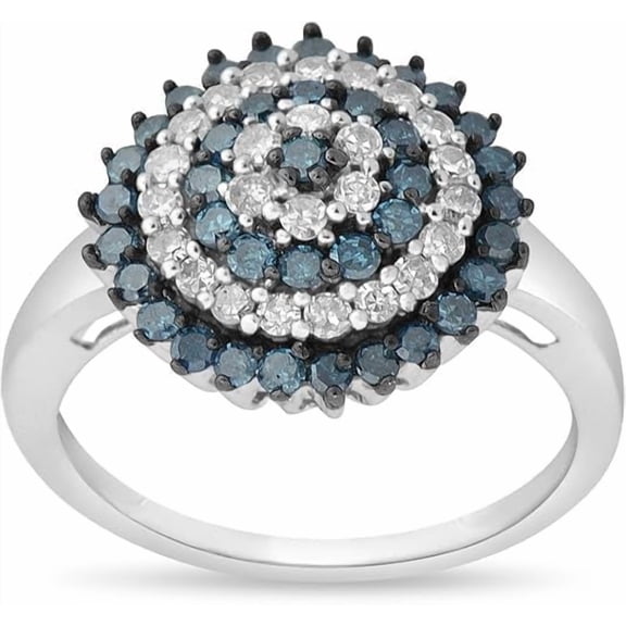 MyDiamondBox 1 Carat Total Weight (cttw) Blue and White Diamond Ring in Rhodium Plated Sterling Silver Wedding Flower Design for Women (Size 5)