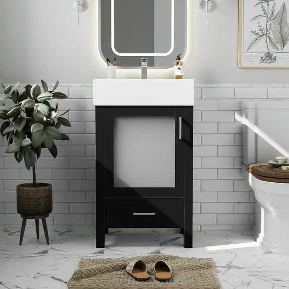 Euroco 20" Bathroom Vanity with Ceramic Sink, Frosted Glass Doors, Soft-Close Door, Solid Wood Legs – Modern Space-Saving Design