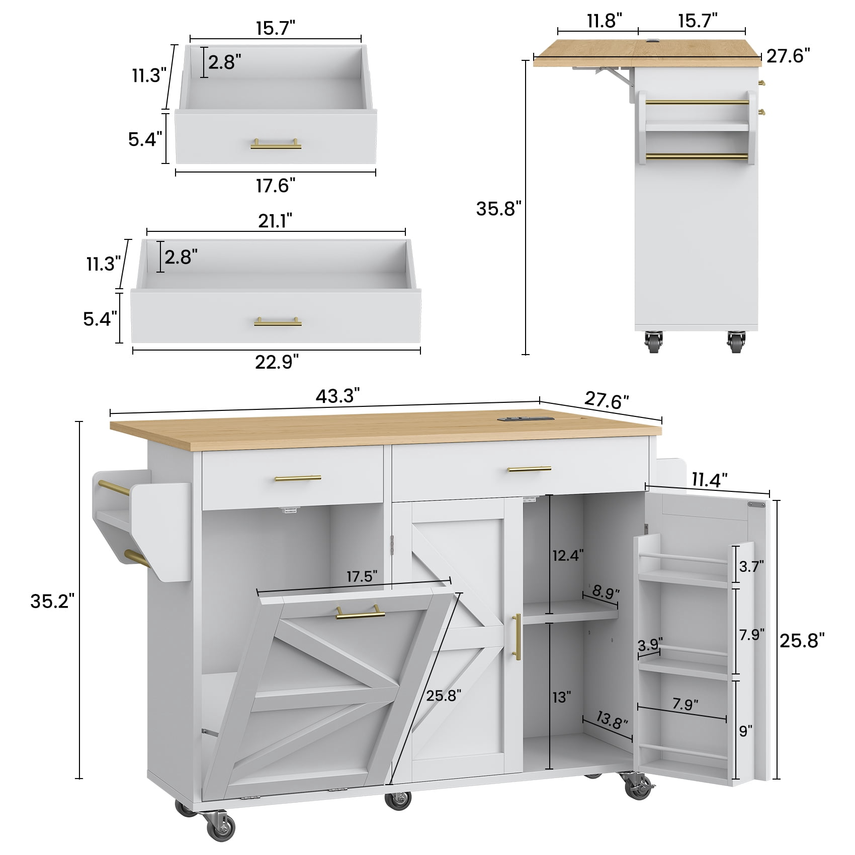 Meteorleg Kitchen Island with Power Outlets & Trash Cabinet, 2 Drawer Modern Buffet Cabinet Sideboard Coffee Bar for Dining Room Living Room, White