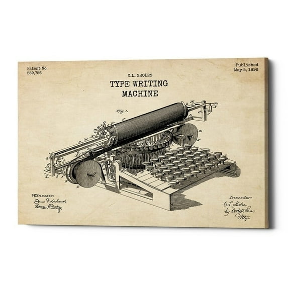 Epic Graffiti "Type Writing Machine Blueprint Patent Parchment" Giclee Canvas Wall Art, 12" x 18"
