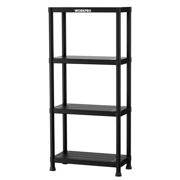 WORKPRO 4-Tier Plastic Storage Shelf, Black Utility Shelving Unit with Wall Brackets, Tool-Free Assembly for Garage, Laundry Room & Basement