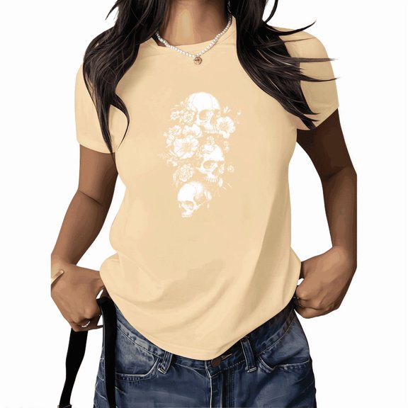 UNISHE Women's Triple Skull Graphic T-Shirt Stacked Floral Botanical Art Tee Dark Summer Black Top