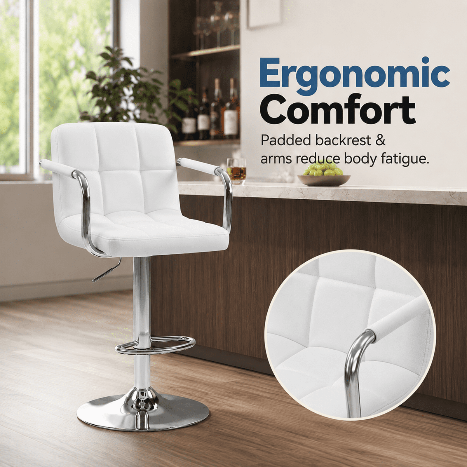 Alvantor 2-Pack Bar Stools, PU Leather Height Adjustable Swivel/ Arms Barstools, Hydraulic Kitchen Counter Height Bar Chairs, Made of Waterproof Polyurethane Leather Material