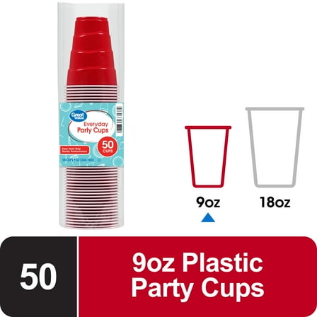 Great Value Disposable Plastic Party Cups, Red, 9 oz, 50 Count