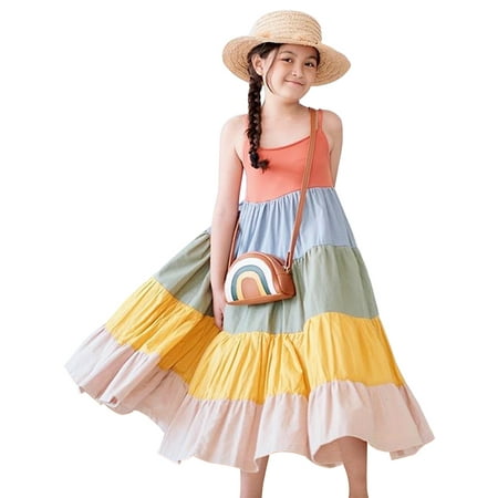 

Toddler Kids Girls Halter Strap Sleeveless High Waist Dress Festival Beach Sundress Rainbow Dress