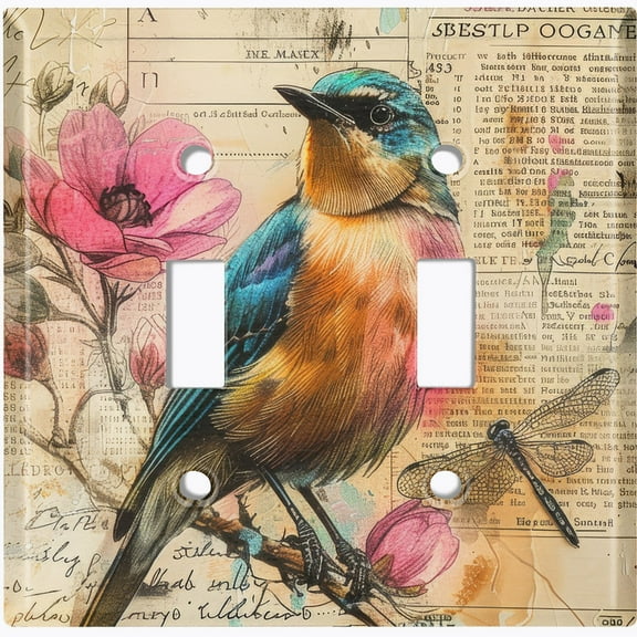 Metal Light Switch Wall Plate Outlet Cover (Printed Image of Blue Bird Scrapbook Art - Double Toggle)